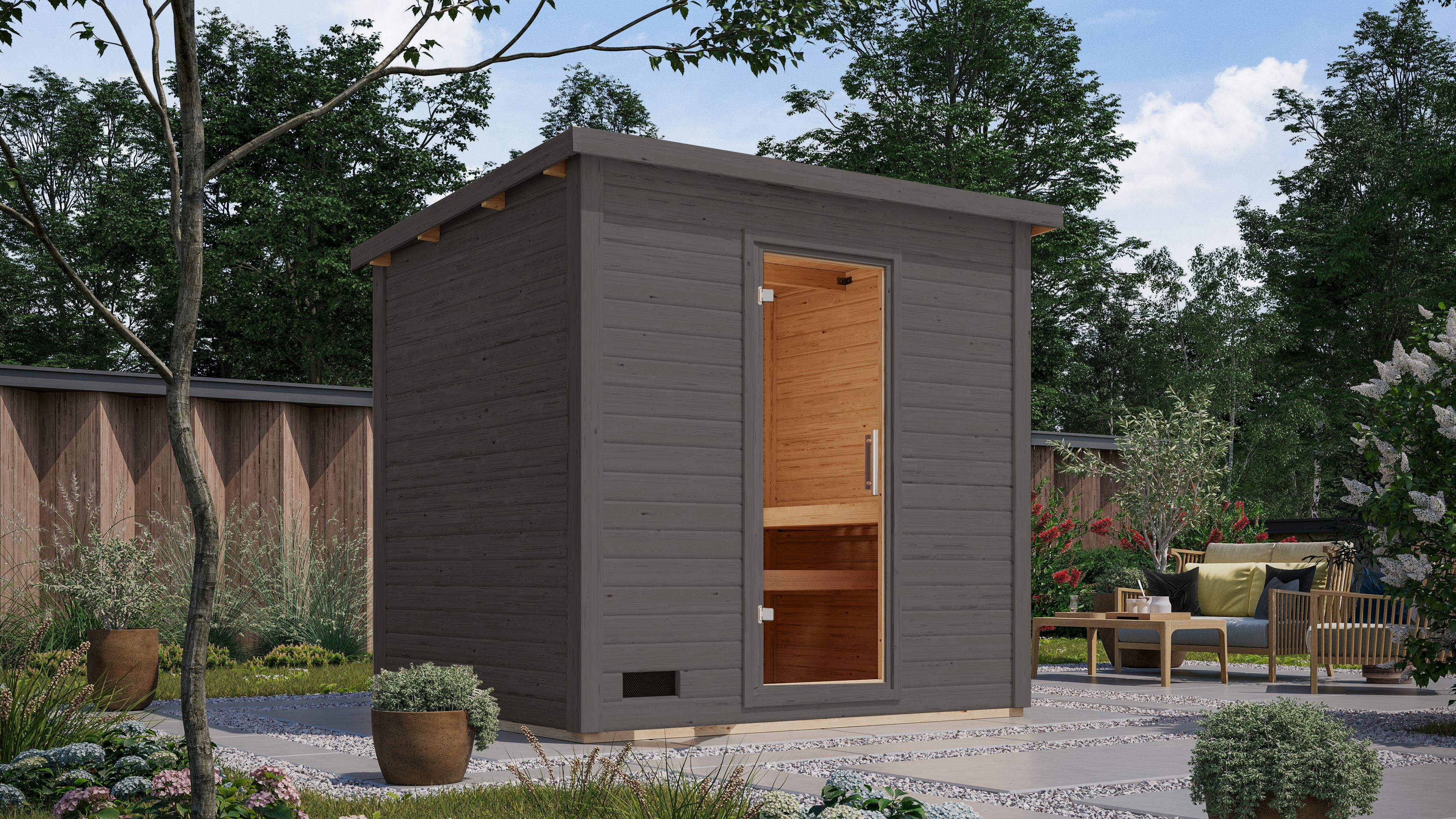 Saunahaus Hytti 3 Exklusive terragrau / + Ofen und HUUM WIFI Steuergerät Sparset