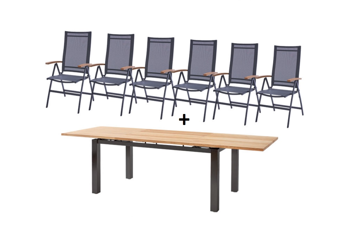 Diamond Garden Sparset Ausziehtisch Porto 170/270 cm Edelstahl Dunkelgrau / Recycled Teak + 6 x Vlencia Hochlehner Teakarmlehnen