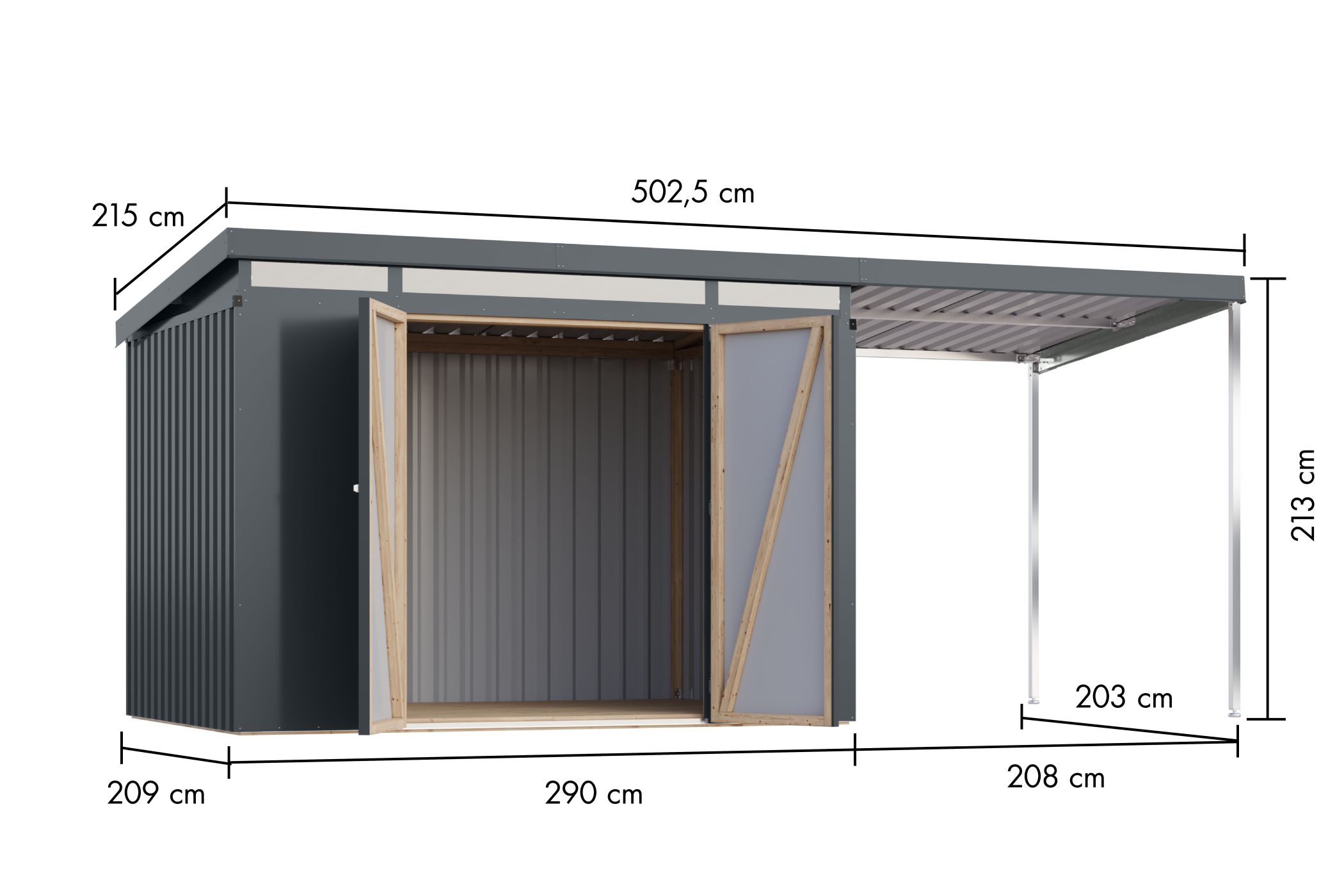 Metallhaus Iridium 3 mit Anbaudach 2 m