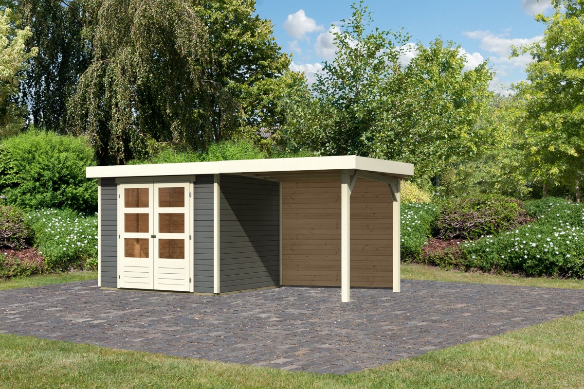 Gartenhaus Askira 3 terragrau mit Anbaudach 2,4 Meter