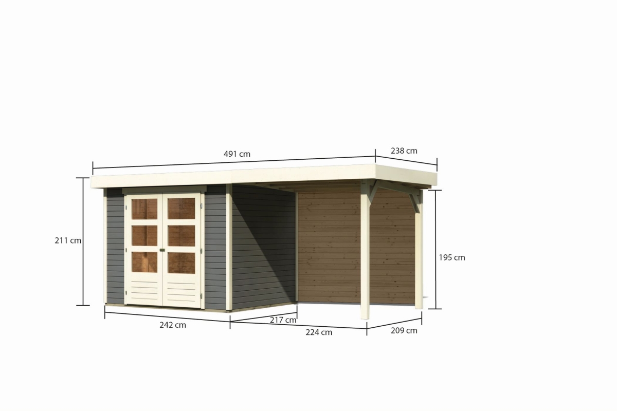 Gartenhaus Askira 3 terragrau mit Anbaudach 2,4 Meter